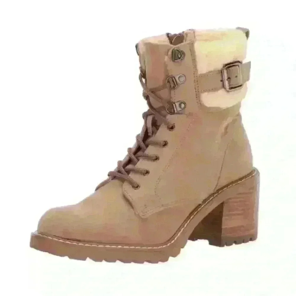 Madden Girl Faux Fur Lined Jansenn Tan Lace Up Ankle Boot Women Size 8.5